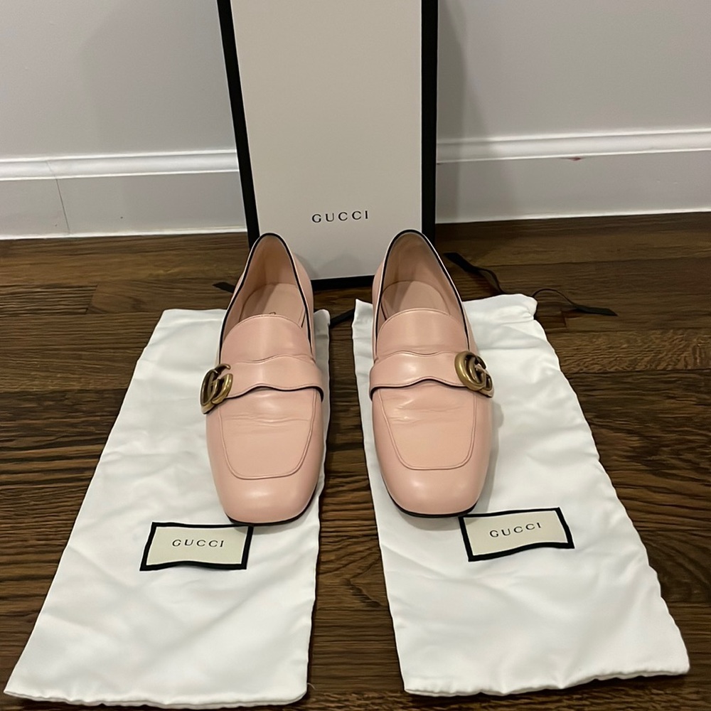 Gucci Pink Double G Logo Leather Loafers, used but great condition.